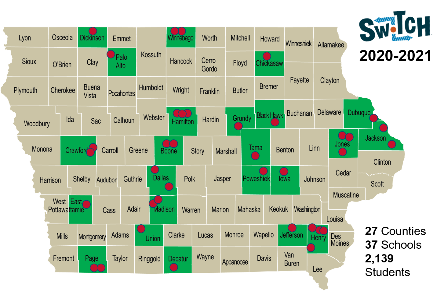 Counties in Iowa with SWITCH schools